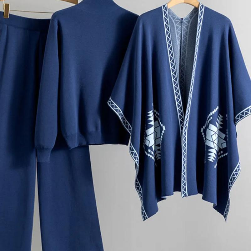 Korean Design Knitted 3 Piece Sets Women Knitwears Chic Shawl Sweater Pullover Tops Conjuntos High Waist Wide Leg Pants Outfit