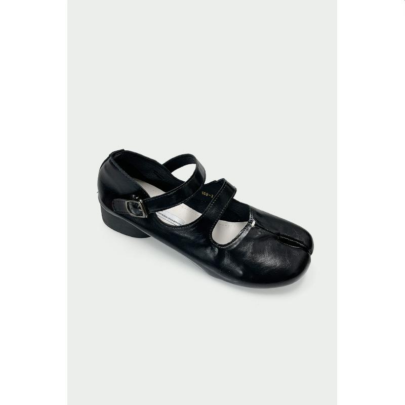 Fashion IPPEUM Tabis Toe Mary Janes Black PU Leather  Round Heels Split Toe Flats Ballet Shoes