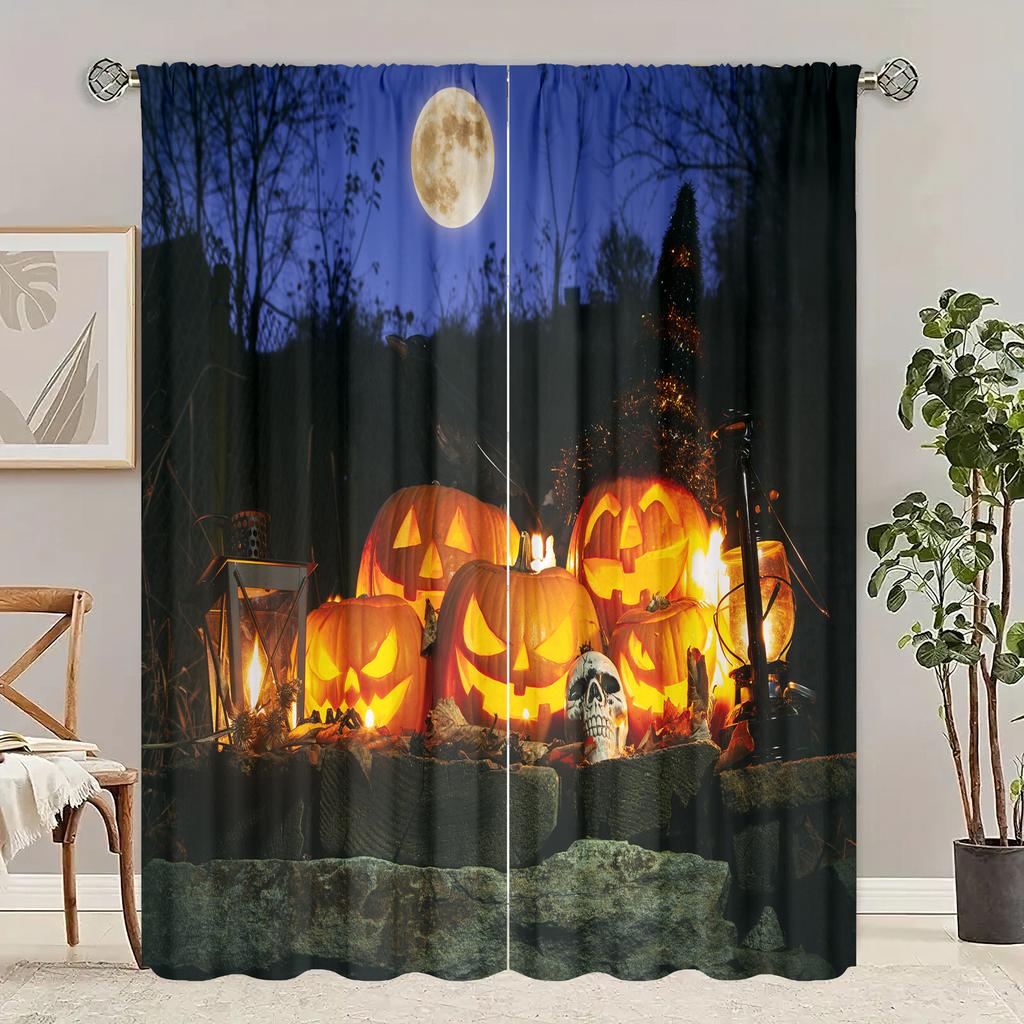 2 Stück Halloween Dämon Kürbis Laterne Druck Vorhang - Polyestermaterial - geeignet für Schlafzimmer Wohnzimmer Arbeitszimmer