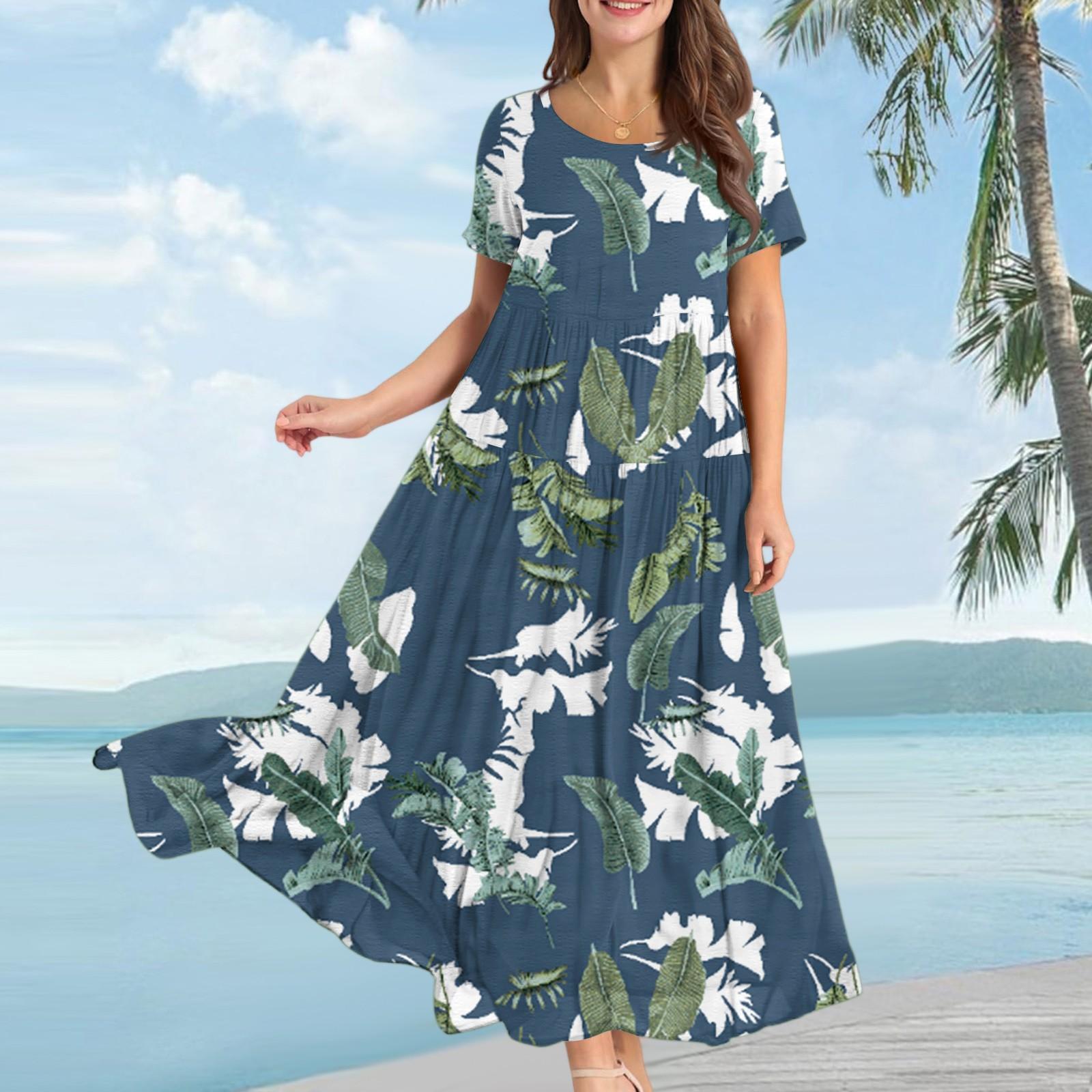 

Женское повседневное свободное богемное платье с цветочным принтом, длинное макси-платье с коротким рукавом, летнее пляжное платье-качели L армия зеленый