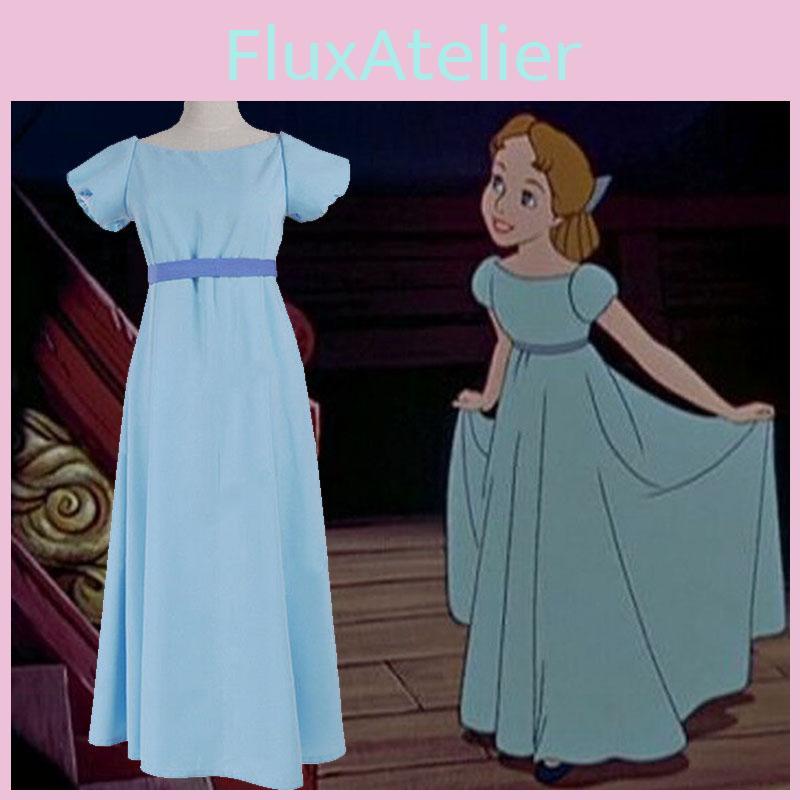 Bezauberndes Märchenhaftes Peter Pan Wendy Darling blaues Kleid mit Schleife und Kopfbedeckung
