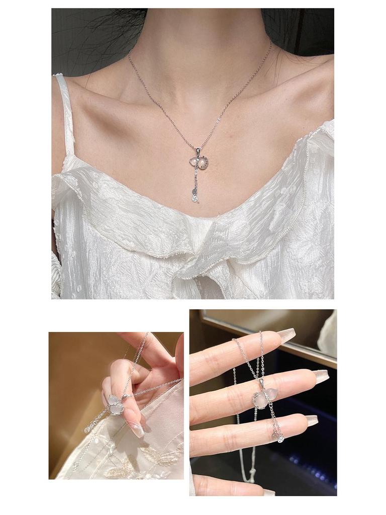 Women's S925 Sterling Silver Tassel Gourd Necklace with Chalcedony - Chinese Style Clavicle Chain