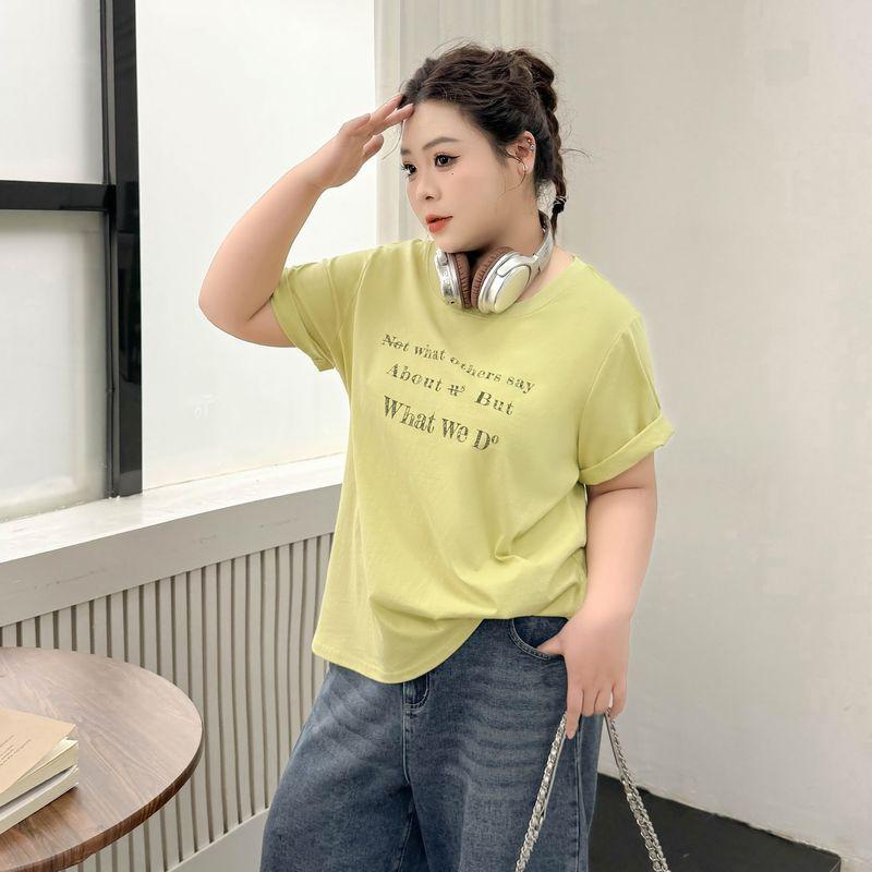 

Plus size women clothing [Korean Series Street T] Distressed Letters Print T-shirt 100.00kg Belly Covering Short sleeve Summer Top
