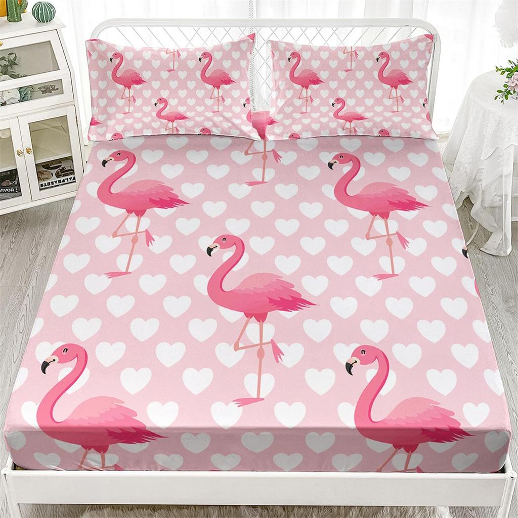 Single Fitted Sheet Flamingo Print Fitted Bed Sheets, Soft Microfiber Fitted Sheets, 30cm Deep Pocket,  Cute Cartoon Bedsheets