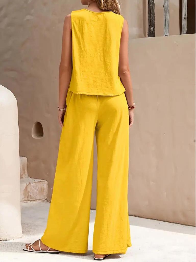 2025 Elegant Solid Color Two-Piece Set: Crew Neck Tank Top & Wide-Leg Pants for Women