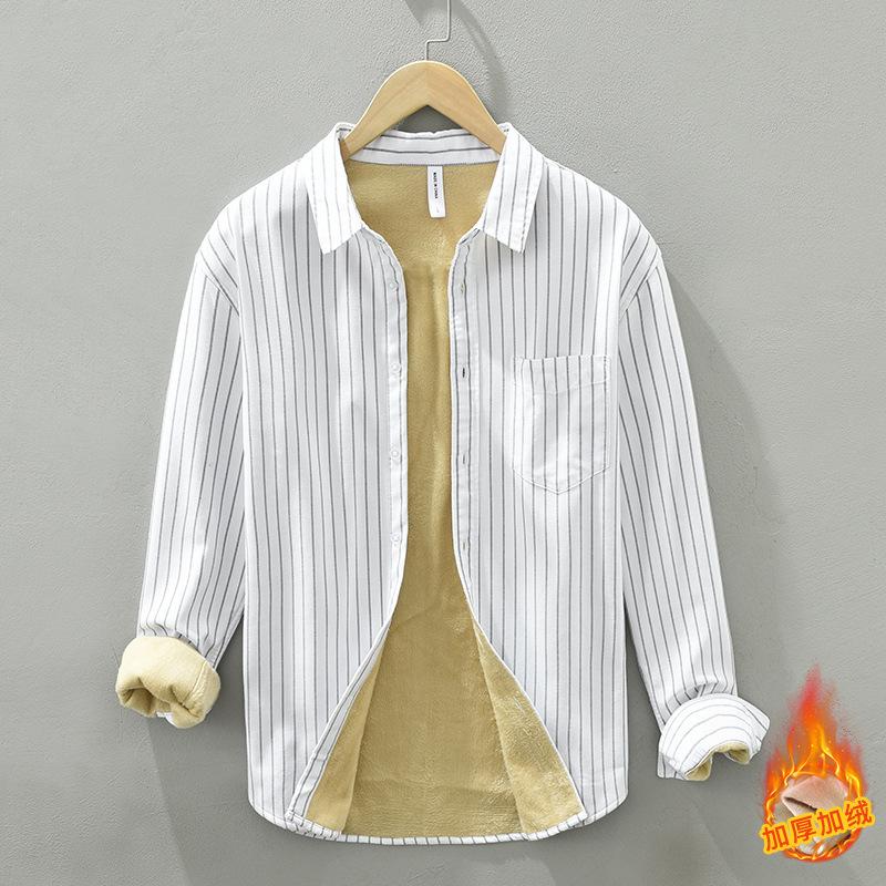 Winter Warm Men Tops Daily Casual Long Sleeve Striped Shirts for Men Pure Cotton Men Clothing Lapel Collar Fleece Shirt with Pocket