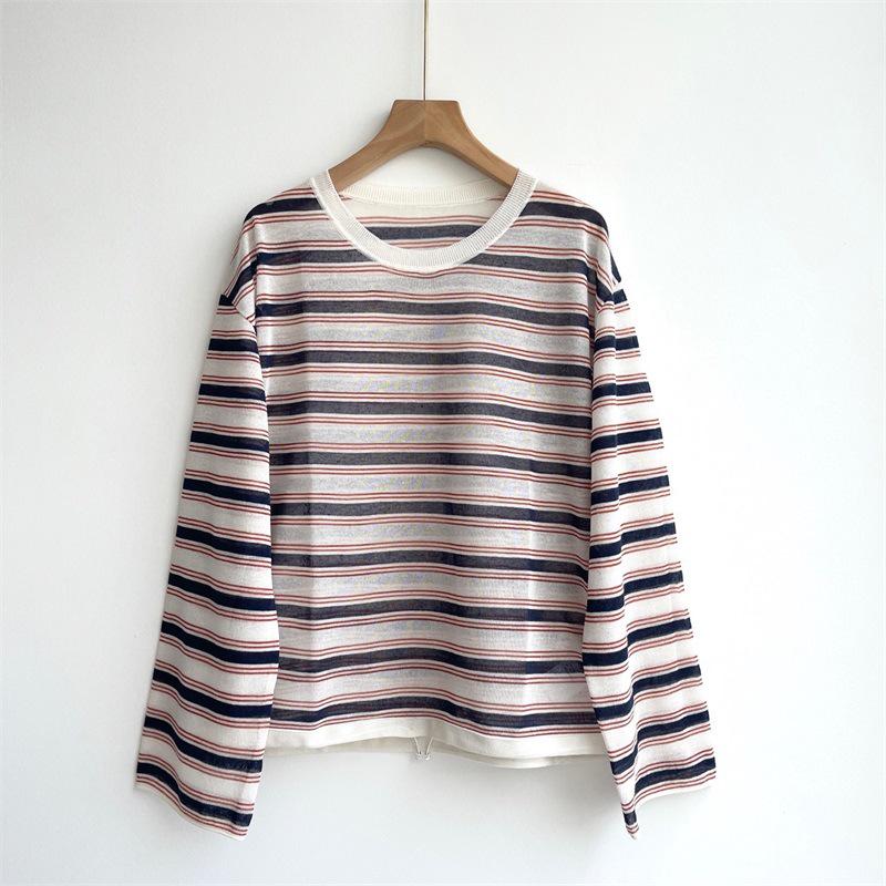 ED Women's Retro Casual Cotton-Linen Knit Cover-up T-Shirt with Contrast Stripe and Drawstring Hem