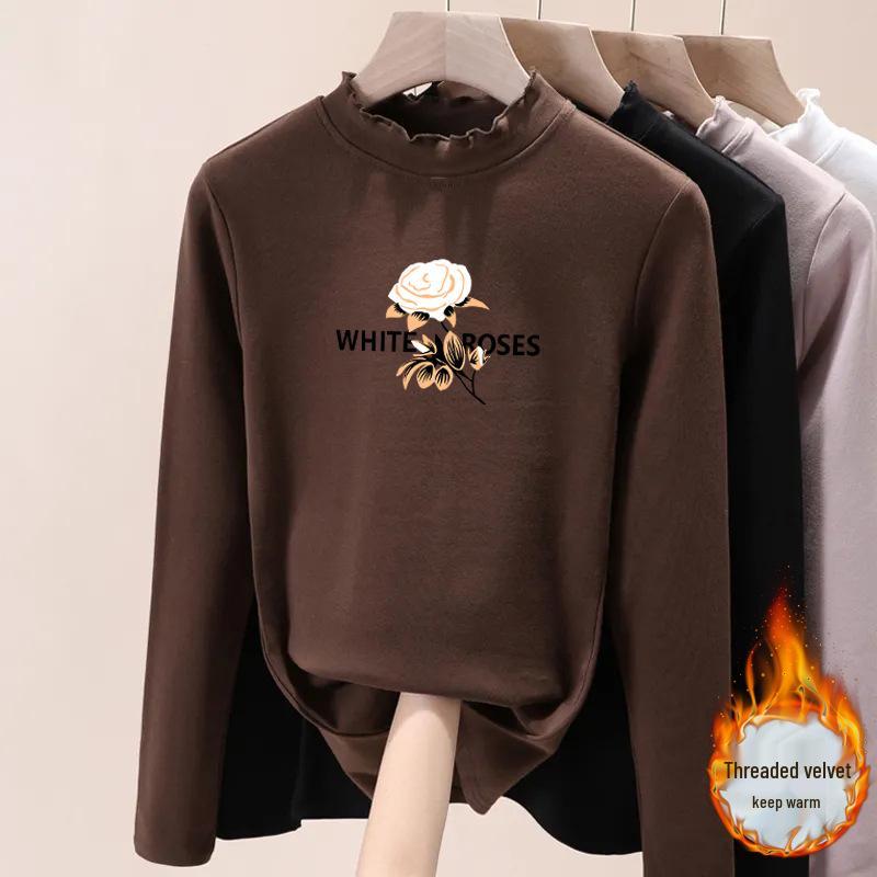 De Velvet Women's High Neck Fleece Base Layer, Plus Size Long Sleeve, Printed, Thick & Warm Top for 2025 Autumn/Winter.