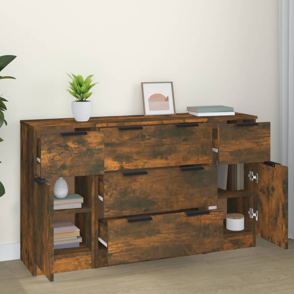 3 Piece Sideboard Set Smoked Oak Veneer Particleboard