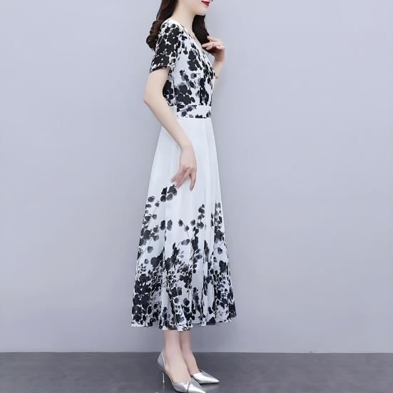 Women's Floral Maxi Dress Chinese Art Style Print A-line Long Dress Summer Short Sleeve V Neck Beach Sundress