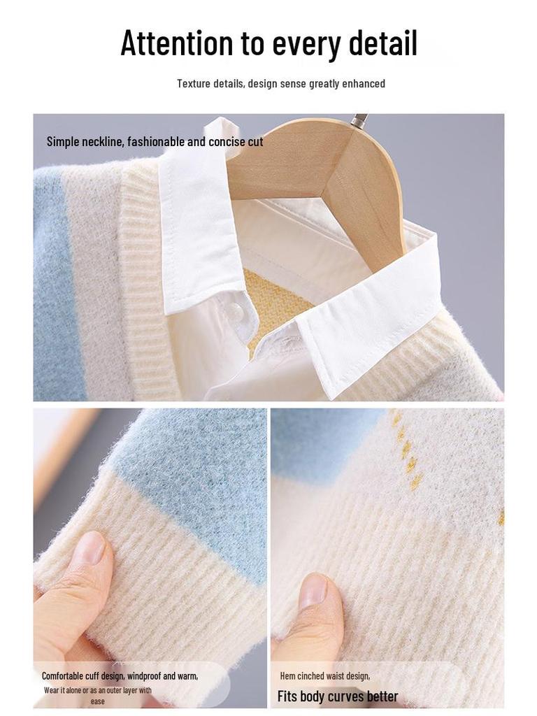 Girls' Knitted Two-Piece Sweater - Spring/Autumn Spliced Style for Children