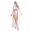 Women Sheer Maxi Dress High Slit Design Hooded Face Cover Long Sleeves Hollow Out Mesh Coverup Gown