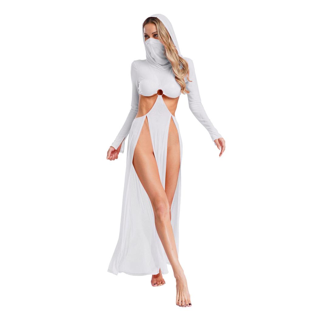 Women Sheer Maxi Dress High Slit Design Hooded Face Cover Long Sleeves Hollow Out Mesh Coverup Gown