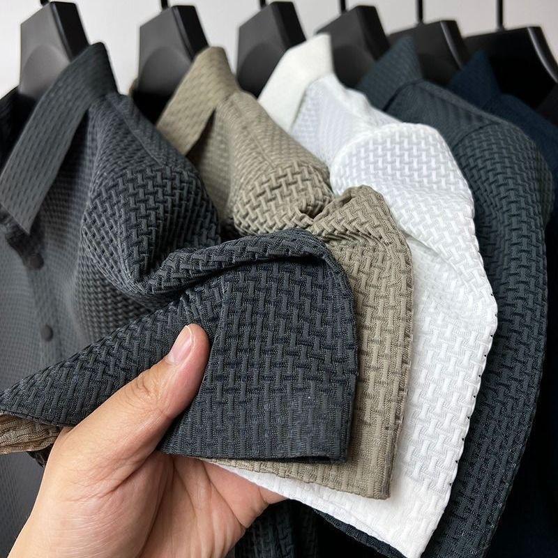 Men's Spring and Summer Plus Size Lapel Peplum Short Sleeve Solid Colour Simple Mesh Ice Silk Shirt