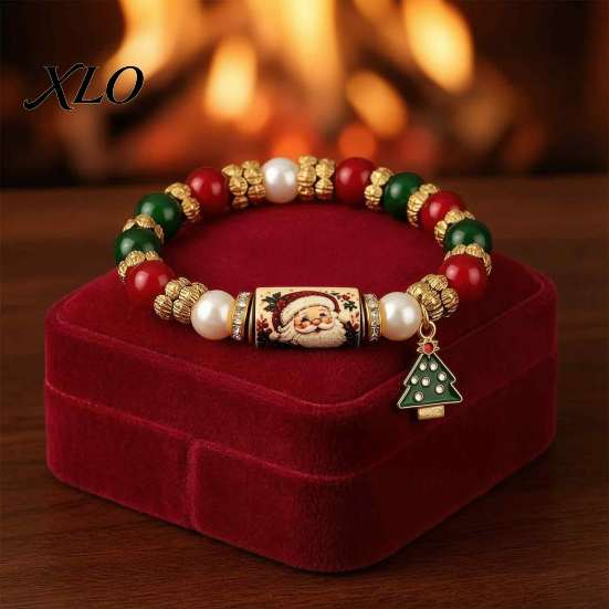 Christmas Tree Accessories for Party Bracelet, Elastic Stretch Beaded Bracelet with Xmas Meaningful Keepsake Gifts Charm, Holiday Jewelry Women