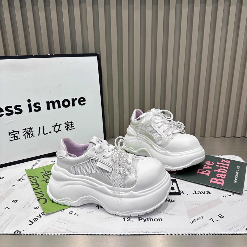 2025 New Women's Soft Leather Thick Bottom Sneakers Casual Sports Shoes Butterfly Knot Pearl Lace up Heightening Board Shoes