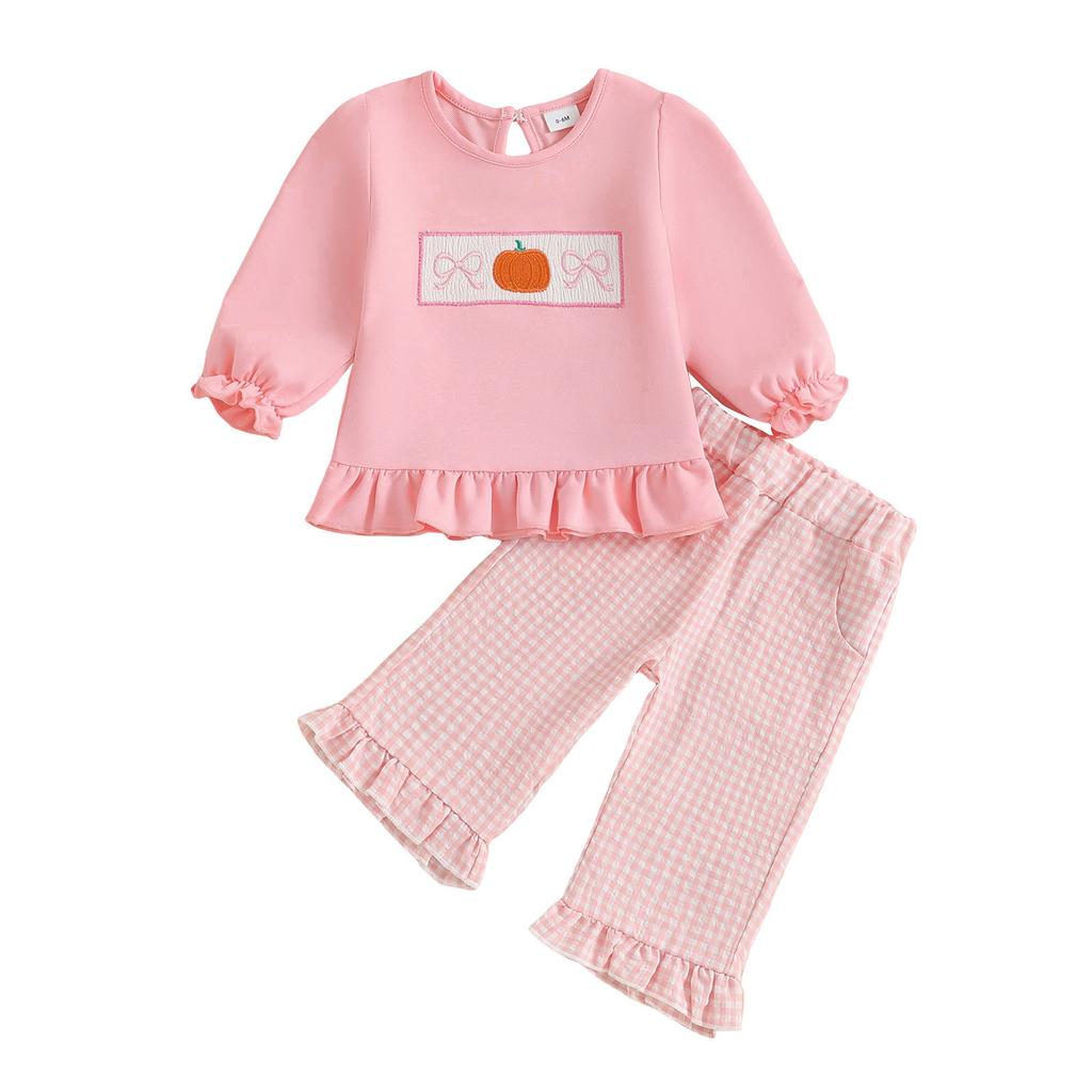 Kleinkind Mädchen Halloween Kürbis Stickerei Langarm Rundhals Pullover Sweatshirt und Elastische Taille Ausgestellte Hose Set