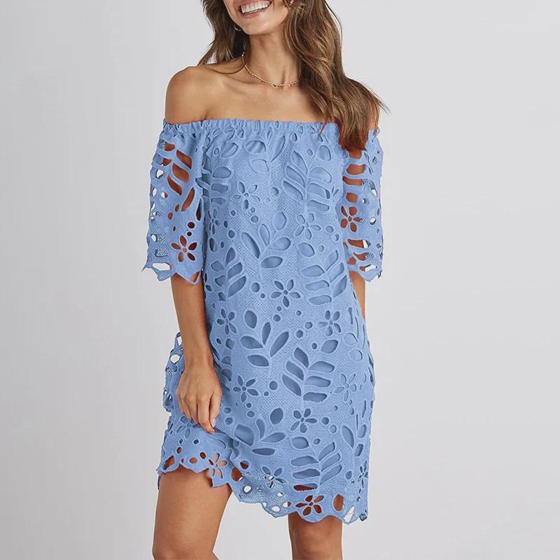 

2026 Cross-Border European & American Lace Mid-Sleeve Tube Top Dress - Spring/Summer Fashion Short Skirt S море синього кольору