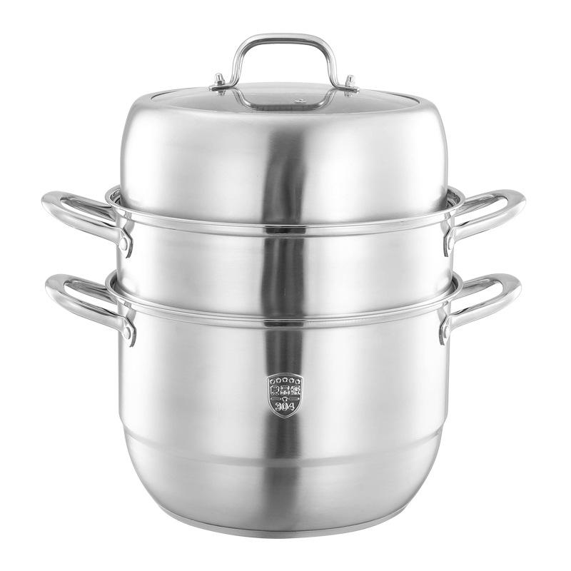 Extra Large 304 Stainless Steel Steamer with Glass Lid, 28-34cm, Dual/Triple Layer and Composite Bottom, Steel Handle