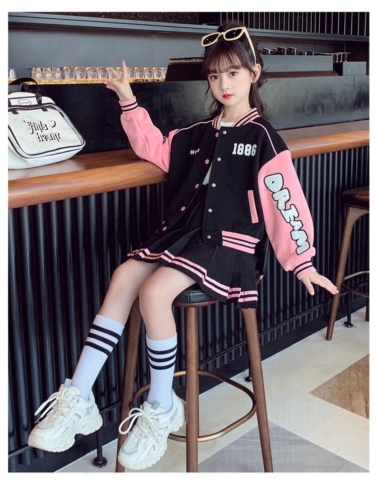 2024 Mädchen Koreanischer Stil Baseballjacke & Plisseerock Set - Frühling/Herbst Trendiges Zweiteiler für Große Kinder