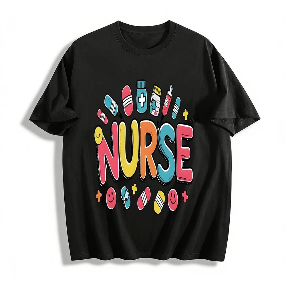 Cute Nurse Themed Print Casual Short Sleeve T-Shirt For Women Pure cotton T-shirt XXS