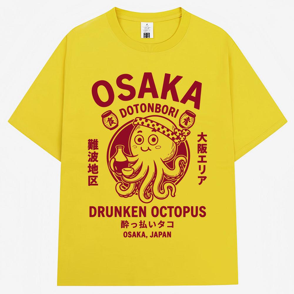 Japanese Style Osaka Drunken Octopus Graphic Tshirt Unisex Unisex Dotonbori Vintage Tshirts Loose Cotton T Shirts Streetwear Gifts