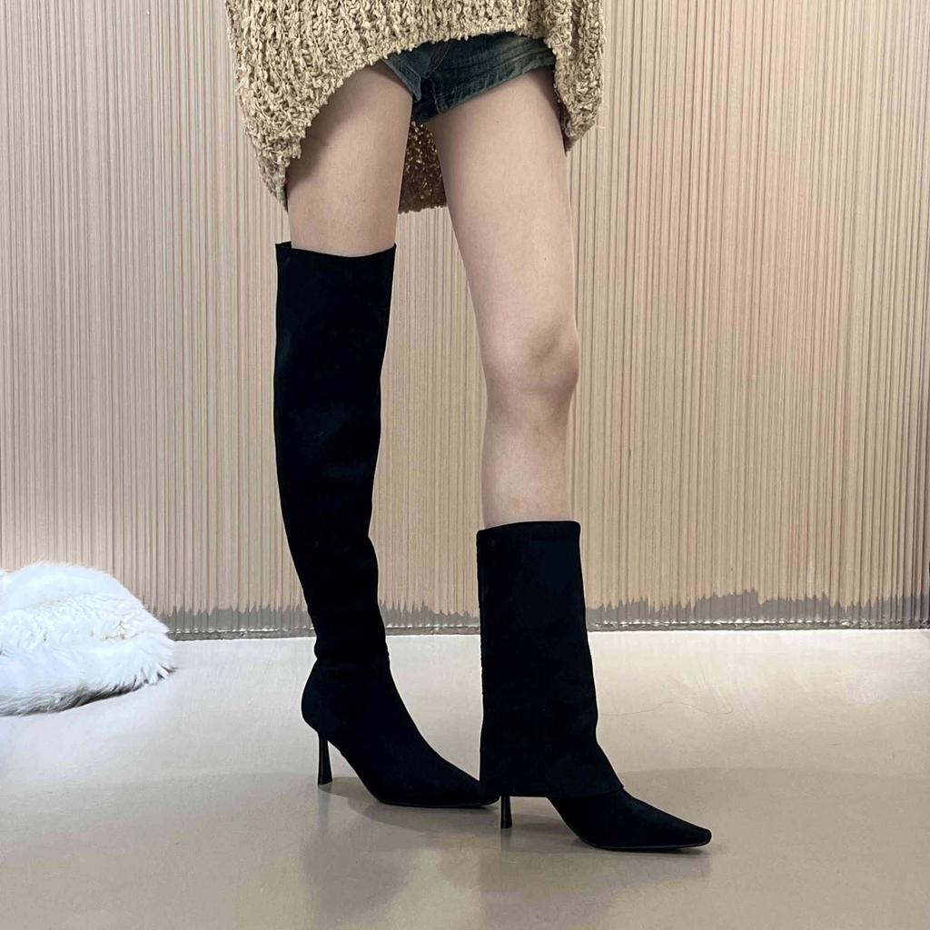 Elastische Samt-High-Heel-Langschaftstiefel für Damen, Spitz zulaufend, dicker Absatz, Französische elastische Stiefel für Damen