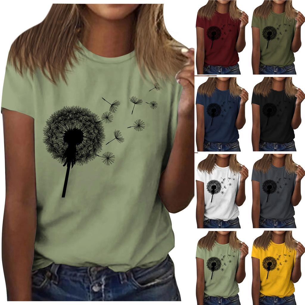 Women's Cute Printed Short Sleeve Round Neck Front Shoulder Vintage Short Sleeve Summer Loose Shirt Top