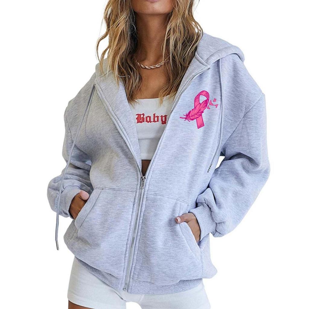 Women's Breast Sweatshirt Ribbon Breast Long Sleeve Hooded Pocket Casual Sweatshirt Jacket