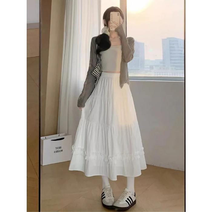 

White skirt new summer high waist a word thin fluffy lace edge cake skirt small skirt S