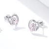 Silver heart earrings with pink paws, 925 silver studs