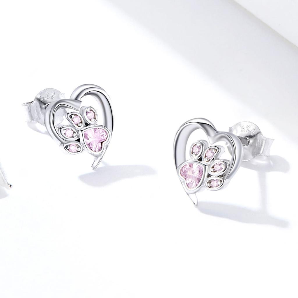 Silver heart earrings with pink paws, 925 silver studs