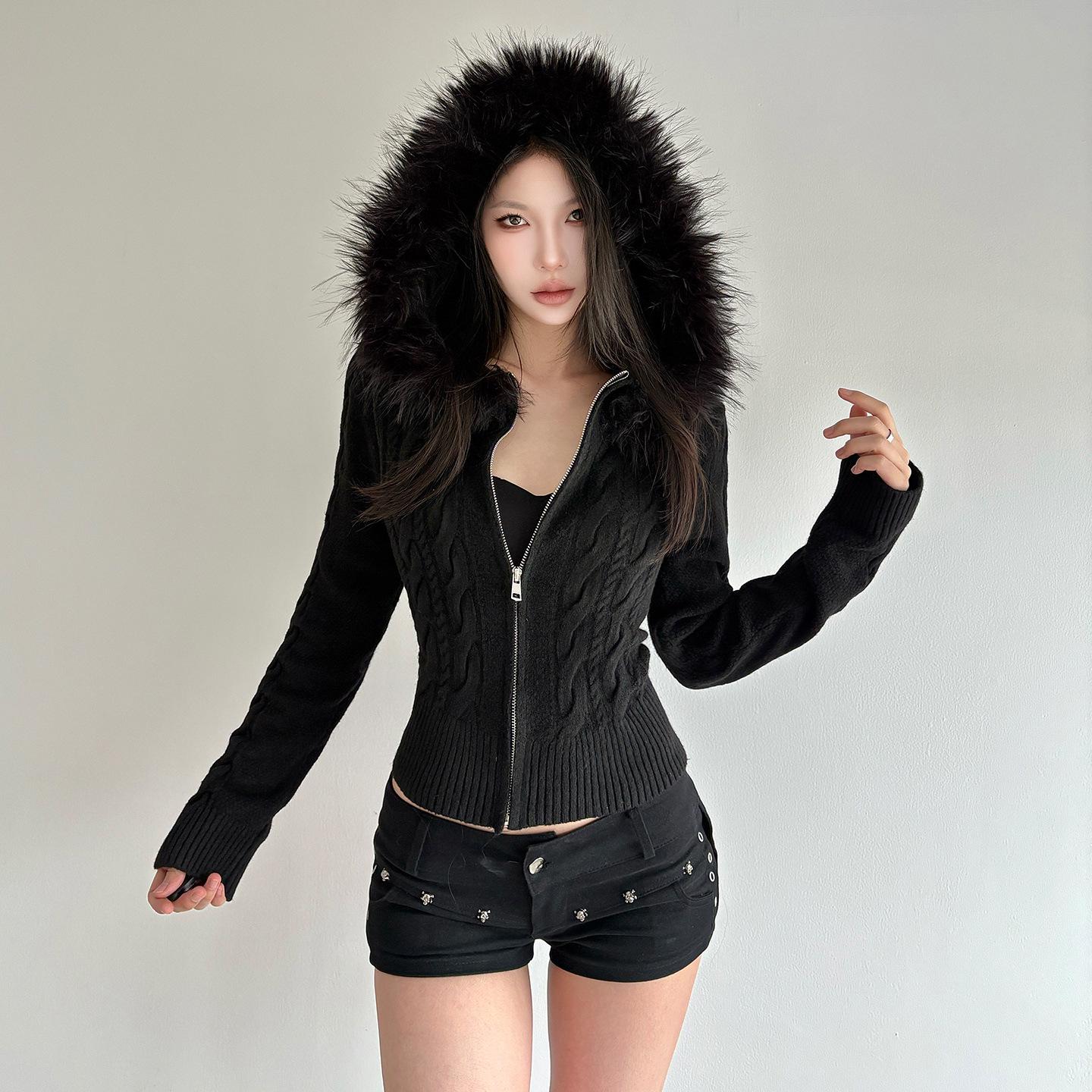 

Женский ретро повседневный вязаный свитер с капюшоном на молнии с меховым воротником - Приталенное осенне-зимнее пальто M