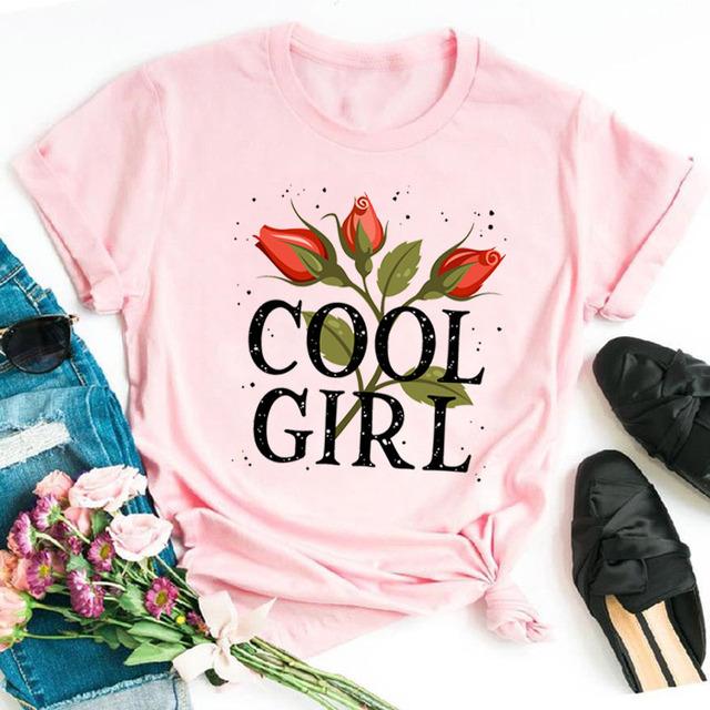 Fashion Women T Shirt Flower Printed T Shirt Casual Black Tops 90s Ladies Girl Tee Shirt Female Harajuku Graphic T -Shirt