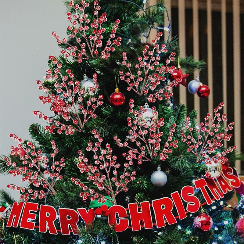 1Pc Christmas Decoration White Snow Red Berries Stems Artificial Bouquet Xmas Tree Ornament Home Decor New Year 2025 Accessories