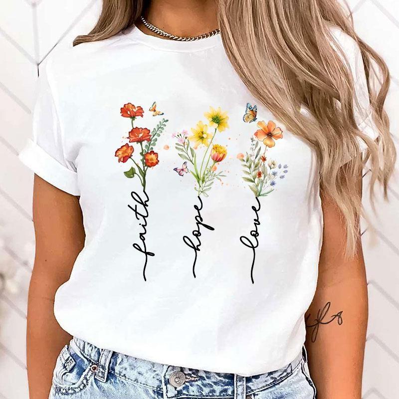 Women's Blouses Faith Hope Love Flower Letter Print T Shirt Women Summer Short Sleeve Fashion Summer Casual T-shirt