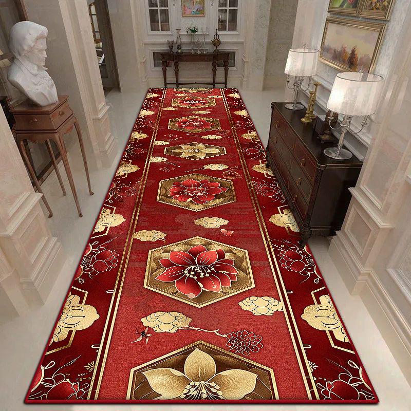 Persian Style Red Long Hallway Carpet Lint-free Stairway Decor Non-slip Large Rug Soft Home Corridor Decoration Mat Easy Clean