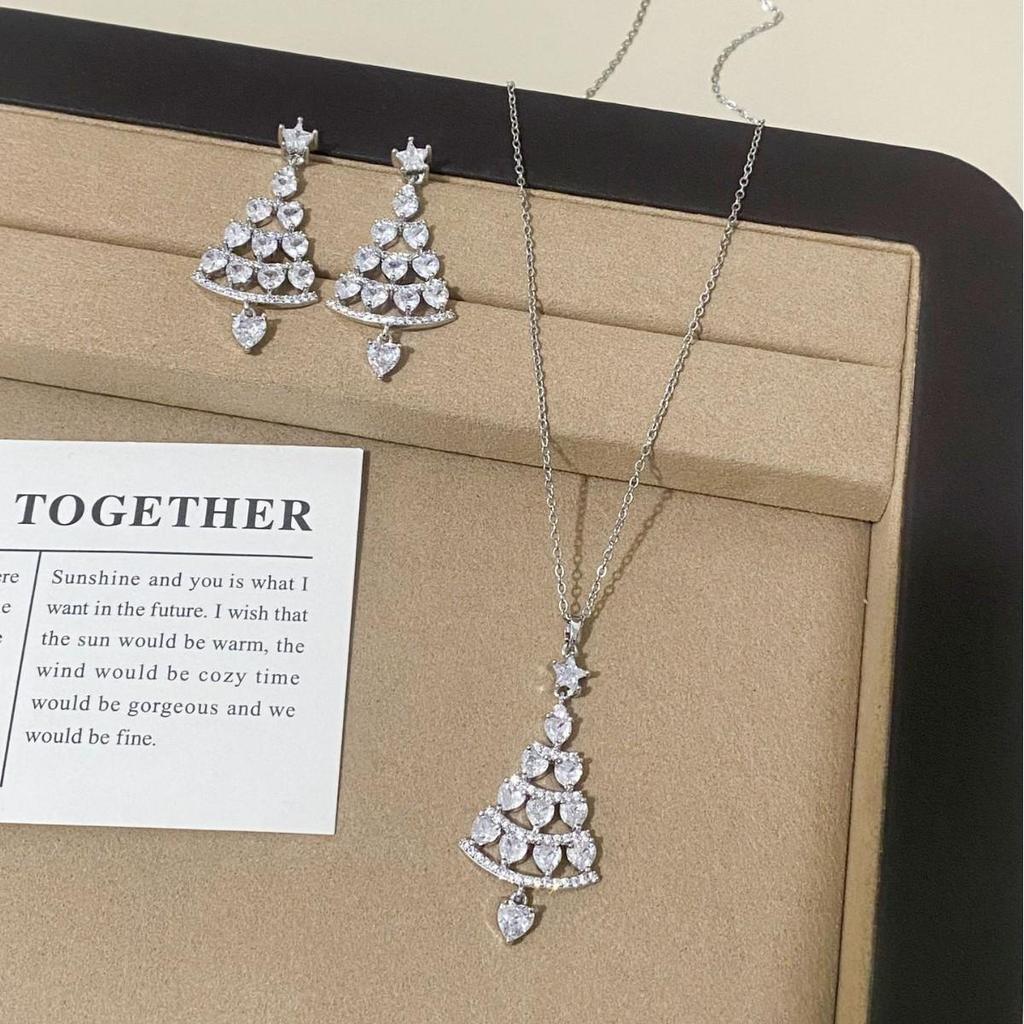 Zircon Star Christmas Tree Necklace and Earring Set – Elegant Winter Jewelry for Women