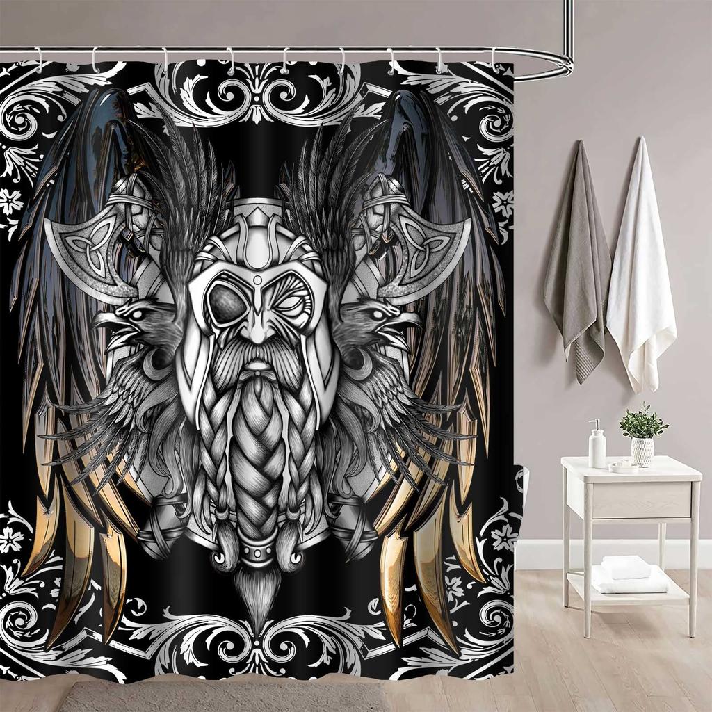 Wikinger-Duschvorhang, Vintage-Kriegsschiff der Wikinger, Drakkar, alte skandinavische und nordische Runen, Badezimmer-Dekor-Set, Accessoires
