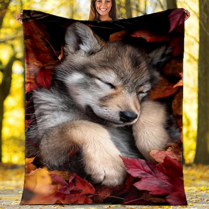 Осеннее одеяло-плед с изображением спящего волчонка, Милое животное, Плед 80cm x 120cm