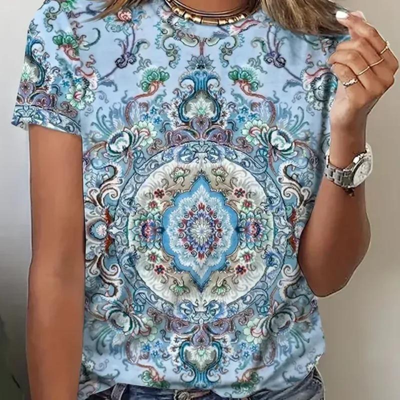 2024 Damen-T-Shirt mit Farbblock-Print, lässig, Rundhalsausschnitt, kurzärmliges Oberteil aus Strickstoff, übergroßes Damenkleid