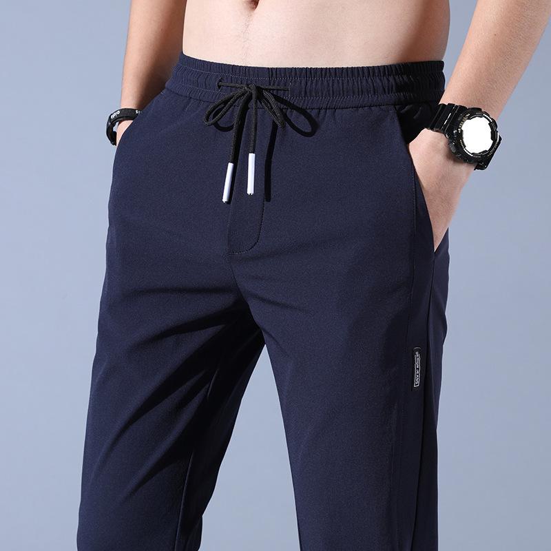 Men's Sports Casual Trousers Ice-Silk Summer Lightweight Style Trendy Versatile Straight-Leg Elastic Waist Loose-Fit Solid Colour Trousers