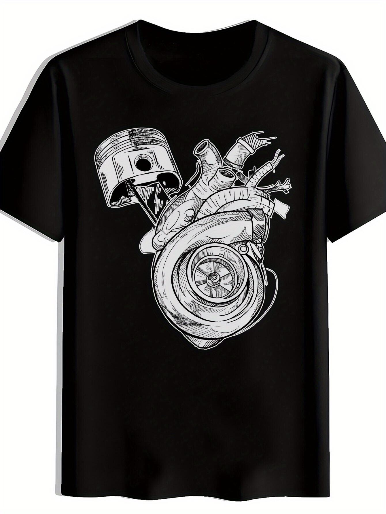 Black T-shirt with Unique Mechanical Heart & Gears Design - Casual Crew Neck XXL