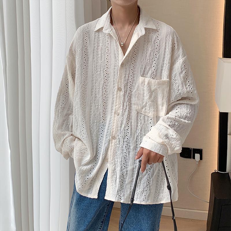 Shirts Men Handsome Lapel Blouse Vacation Hollow Out Sexy Fashion Clothing Long Sleeved Shirts