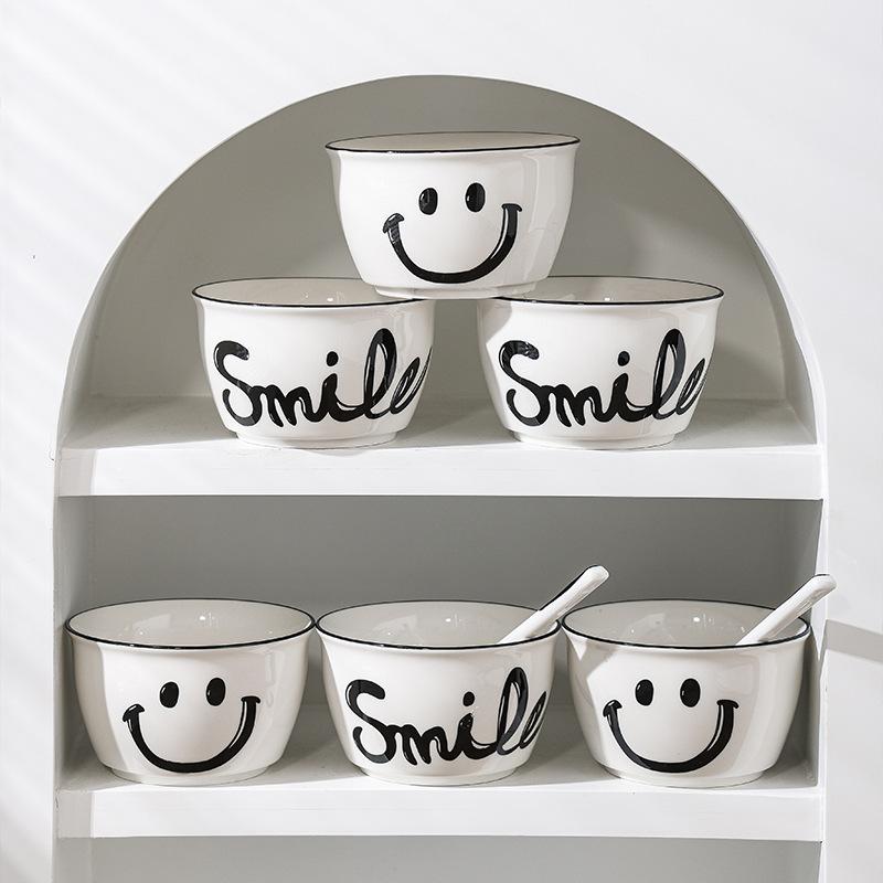 Smile Ceramic Bowl Rice Soup Salad Bowls White Plate Bowl Set Fruit Bowls Kitchen Household Supplies Nordic Korean Tableware