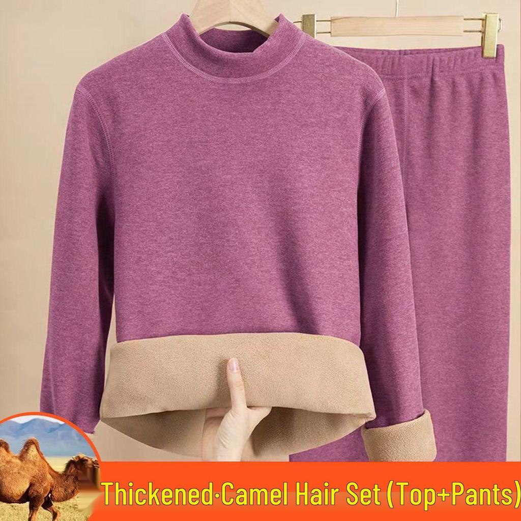 Women's Camel Hair Thermal Underwear Set: Thickened Autumn/Winter, Round or Half High Neck, Super Thick and Warm.