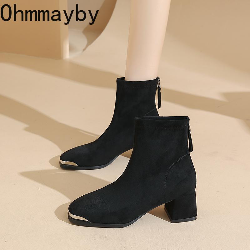 Winter Retro Slim Women Thick Heel Ankle Metal Square Toe Modern Short Botas Para Mujer for Adult Women
