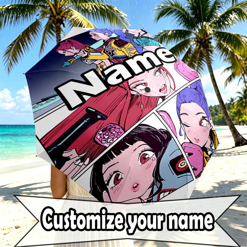Custom Name Personalized KPop Demon Hunters Print Umbrella, Auto Open Close, 8‑Rib Sturdy Frame, Commute Camping Hiking Use, Birthday Gift