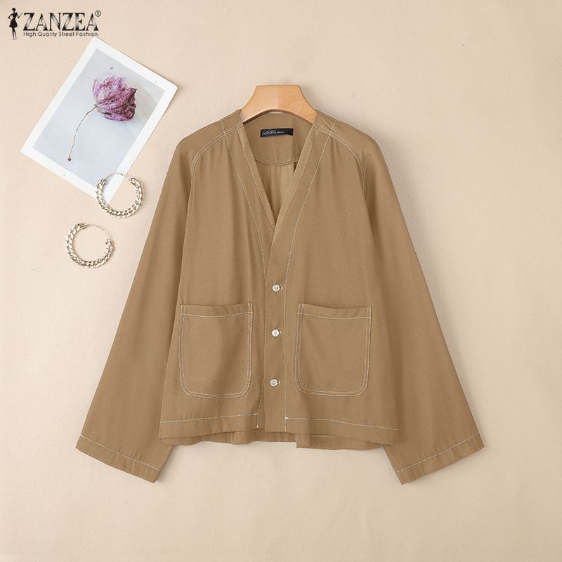 ZANZEA Women Casual V-Neck Loose Long Sleeve Blouse