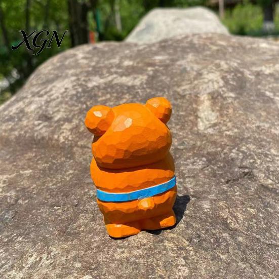 Cute Bear Desktop Decoration Hand-Carved Basswood Ornament, Apron Wood Decorative Figurine, Car Interior Accessory Statue for Shelf And Home